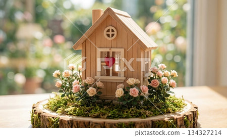 Light Brown Wooden Cottage Mini House with Heart on Window Light Brown Wooden Cottage Mini House with Heart on Window 134327214