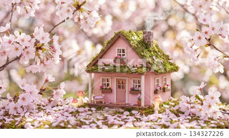 Cozy Pink Miniature House with Sakura Tree 134327226