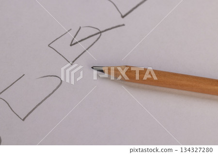 drawn on old white paper with a black graphite pencil, a primitive pencil drawing, squares for choosing an option drawn on cheap thin paper with a pencil 134327280