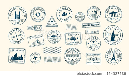 Postal stamps and mail post labels from different countries. A set of stamps for envelopes and parcels in retro style. Postal stamps and mail post labels from different countries. A set of stamps for envelopes and parcels in retro style. 134327386