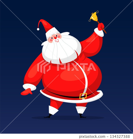 Santa Claus standing with a bell in his hand. Smiling old man with a white beard and mustache in a red suit. Santa Claus standing with a bell in his hand. Smiling old man with a white beard and mustache in a red suit. 134327388