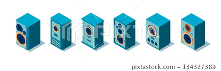 Isometric 3D retro speakers. Set of six objects on a white background. Old musical equipment. Vector illustration 134327389
