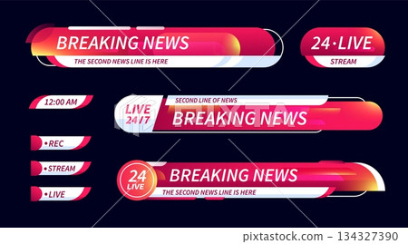 Set of broadcast news lower third banner templates for TV. Futuristic bars for news, streaming and broadcasting. Set of broadcast news lower third banner templates for TV. Futuristic bars for news, streaming and broadcasting. 134327390