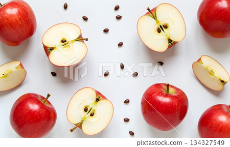 Fresh Red Apple Pattern with Whole and Sliced Apples on White Background 134327549