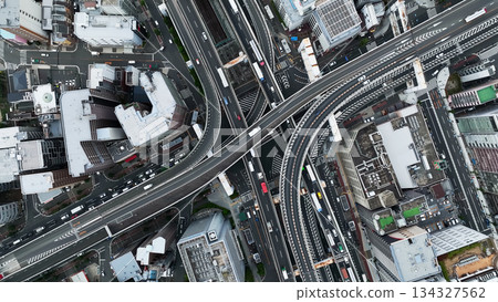 Aerial view of modern city and roads taken by drone 134327562