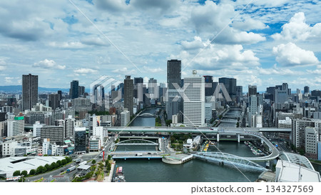 Drone aerial view of modern city and blue sky 134327569