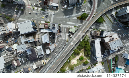 Drone aerial view of modern city and roads 134327574