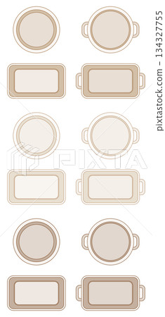 一組9幅俯視角度的鍋碗瓢盆插圖（米色） 134327755