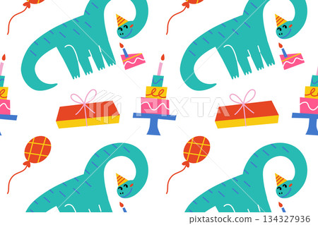 Flat cartoon vector illustration, cute diplodocus dinosaur birthday pattern with party hats, cake candles, gifts, playful cheerful seamless design for wrapping paper, cards and festive projects 134327936