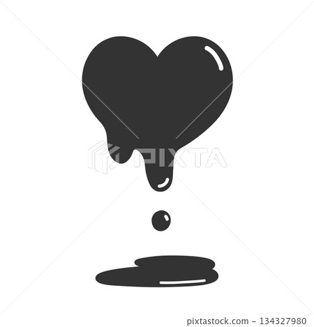 Hand-drawn illustration icon of a melting heart forming a puddle with highlights 134327980