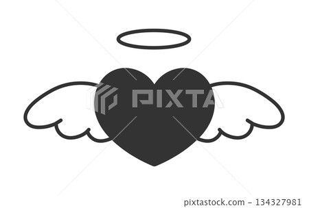 Simple hand-drawn illustration icon of a heart with wings and a halo 134327981
