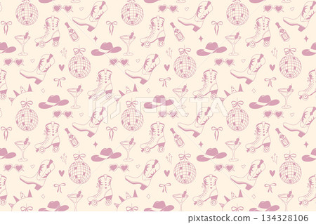 Whimsical cowgirl seamless pattern with horseshoes and glitter hearts Whimsical cowgirl seamless pattern with horseshoes and glitter hearts 134328106