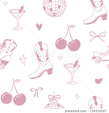 Whimsical cowgirl seamless pattern with fringe jackets and hearts Whimsical cowgirl seamless pattern with fringe jackets and hearts 134328107
