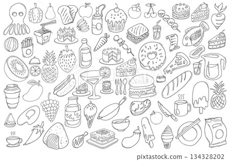 Food Related Doodle vector set. Drawing sketch illustration hand drawn line eps10 Food Related Doodle vector set. Drawing sketch illustration hand drawn line eps10 134328202