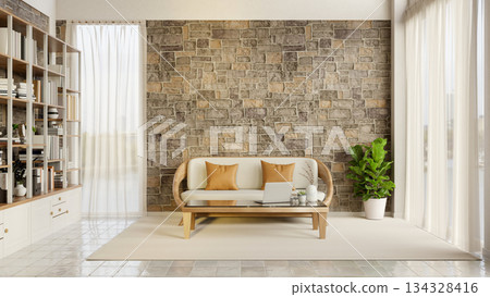Wooden sofa couch on carpet over tile floor aside bricks wall and bookshelf in living room or lounge 134328416