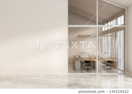 Marble floor corridor hallway outside glass and white wall of office working room in a modern company. Marble floor corridor hallway outside glass and white wall of office working room in a modern company. 134328422