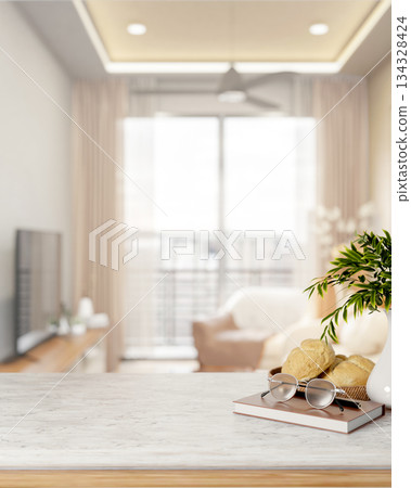 Glasses over book aside bread on plate and plant vase on marble counter table in bright living room. Glasses over book aside bread on plate and plant vase on marble counter table in bright living room. 134328424