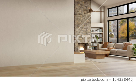 White wall and wood parquet floor corridor to living room with sofa and table aside bricks fireplace 134328443