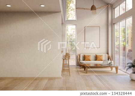 White wall aside living room with sofa and table on carpet and wooden parquet floor and glass window 134328444