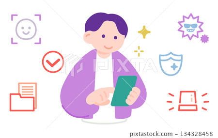 一名男子正在使用智慧型手機驗證身分。畫面顯示人臉辨識和安全警告。 134328458