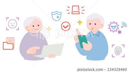 Elderly couple using a smartphone and a laptop Elderly couple using a smartphone and a laptop 134328460