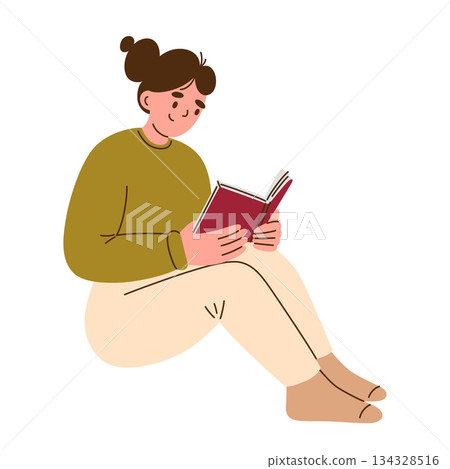 Flat cartoon vector illustration of woman sitting on floor or windowsill reading book, cozy home scene, calm thoughtful mood, lifestyle theme for reading, education and relaxing creative projects 134328516
