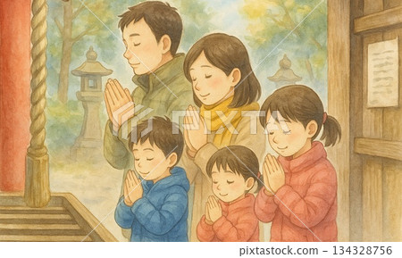 一家人新年第一次參拜神社:新年願望與日本傳統活動 一家人新年第一次參拜神社:新年願望與日本傳統活動 134328756