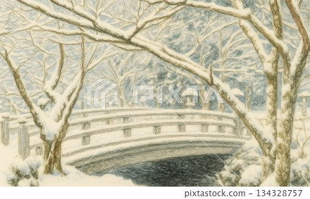 白雪皚皚的冬季公園和橋樑景觀插圖 134328757
