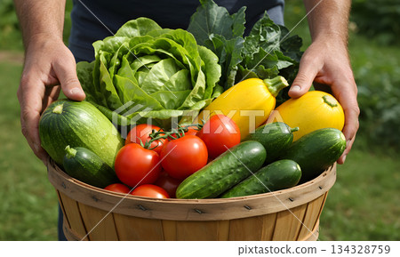 Hands Holding Basket of Fresh Organic Vegetables from Garden 134328759