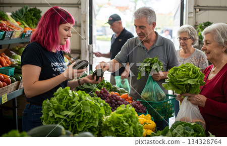 Customers Buying Fresh Produce at Local Farmers Market 134328764