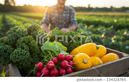 Freshly Harvested Vegetables in Wooden Crate at Sunset Farm 134328765