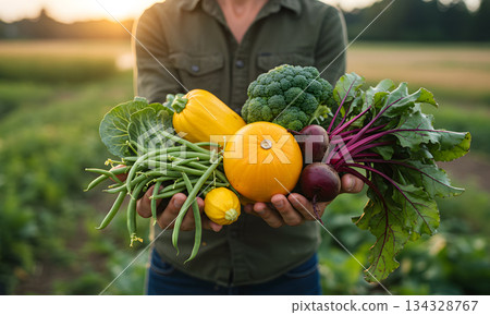 Farmer Holding Fresh Organic Vegetables at Sunset Field Farmer Holding Fresh Organic Vegetables at Sunset Field 134328767