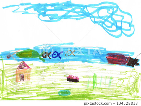 Child s Drawing of a Whimsical Landscape with House, Water Scene, and Blue Sky, a Colorful Artwork Child s Drawing of a Whimsical Landscape with House, Water Scene, and Blue Sky, a Colorful Artwork 134328818