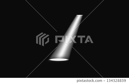 Minimalist white spotlight shining in the dark. Abstract light beam on a black background with copy space. 134328839