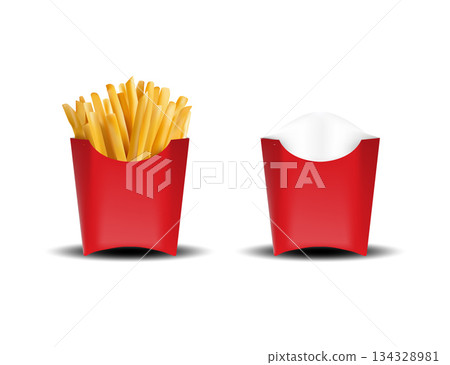 French Fries In Red Fast Food Container With Paper Cup Against White Background. French Fries In Red Fast Food Container With Paper Cup Against White Background. 134328981