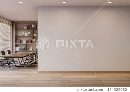 White wall and corridor or hallway aside meeting room with table and chairs on wooden parquet floor 134329080