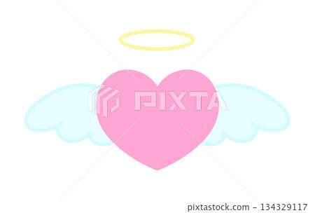 Simple hand-drawn illustration icon of a heart with wings and a halo 134329117