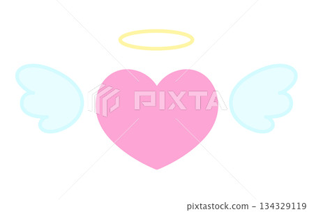 Simple hand-drawn illustration icon of a heart with wings and a halo 134329119