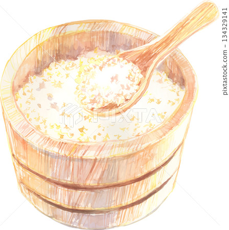 水彩插圖，描繪了盛放在米罐中的新鮮米飯。 134329141