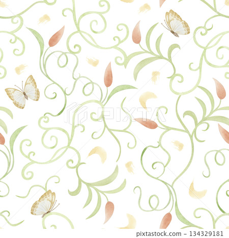 Art Nouveau style seamless pattern on white with watercolor liana vines and butterflies. Simple abstract garden climbing plant in minimalist style. Pastel green beige curly floral repeat background 134329181
