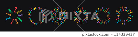 Crayon doodle confetti set. Color pencil hand drawn firework symbol. Chalk color birthday firecracker and confetti. Crayon graphic design element. Vector illustration isolated on black background 134329437