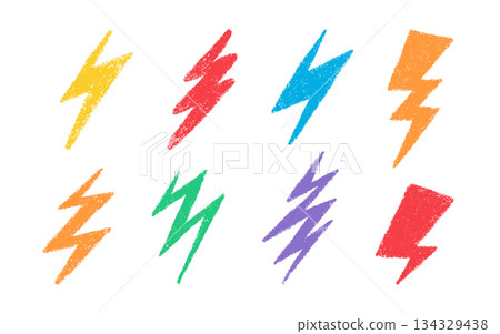 Doodle crayon lightning symbol. Hand drawn chalk lightning with grunge texture. Graphic element for fun collages. Crayon doodle color thunder. Vector pencil illustration isolated on white background Doodle crayon lightning symbol. Hand drawn chalk lightning with grunge texture. Graphic element for fun collages. Crayon doodle color thunder. Vector pencil illustration isolated on white background 134329438