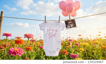 Baby clothes display in a flower field with balloons and ultrasound photo in the background during sunset 134329467