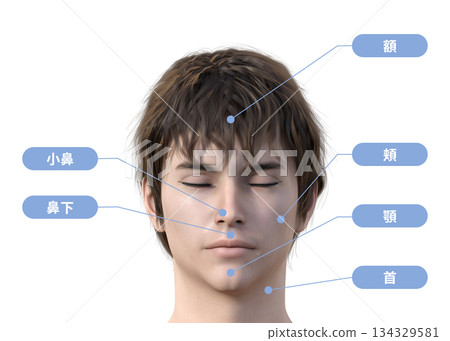 Cosmetic hair removal: Illustration of facial hair removal treatment area for a man with his eyes closed, face up, front view Cosmetic hair removal: Illustration of facial hair removal treatment area for a man with his eyes closed, face up, front view 134329581