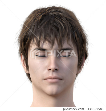 3D illustration of a young man's face with his eyes closed, front view 3D illustration of a young man's face with his eyes closed, front view 134329583