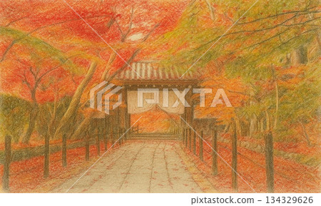 一幅柔和的風景插畫，描繪了秋葉環繞的日式庭院，並以色鉛筆繪製而成。 134329626