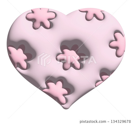 Inflated pink heart with flower pattern in 3D for model, Valentine Day, sticker, merchandise, fabric, decoration, love icon, campaign badge, sign, symbol, girl power, pin, cute patch, brooch 134329678