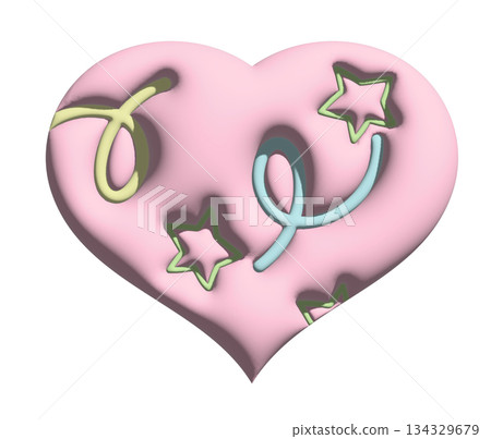 Inflated pink heart with stars and doodles in 3D for model, Valentine Day, sticker, merchandise, fabric, decoration, love icon, campaign badge, sign, symbol, girl power, pin, cute patch, brooch 134329679