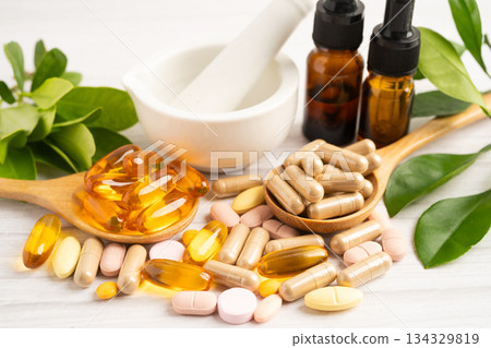 Alternative medicine herbal organic capsule drug herb. 134329819