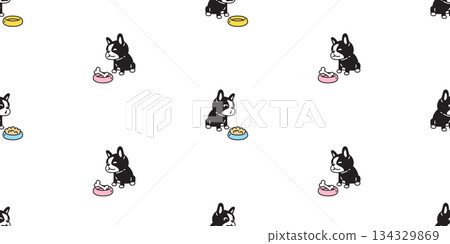 dog seamless pattern french bulldog cartoon hungry food bowl doodle puppy bone pet tile background gift wrapping paper repeat wallpaper illustration animal 134329869